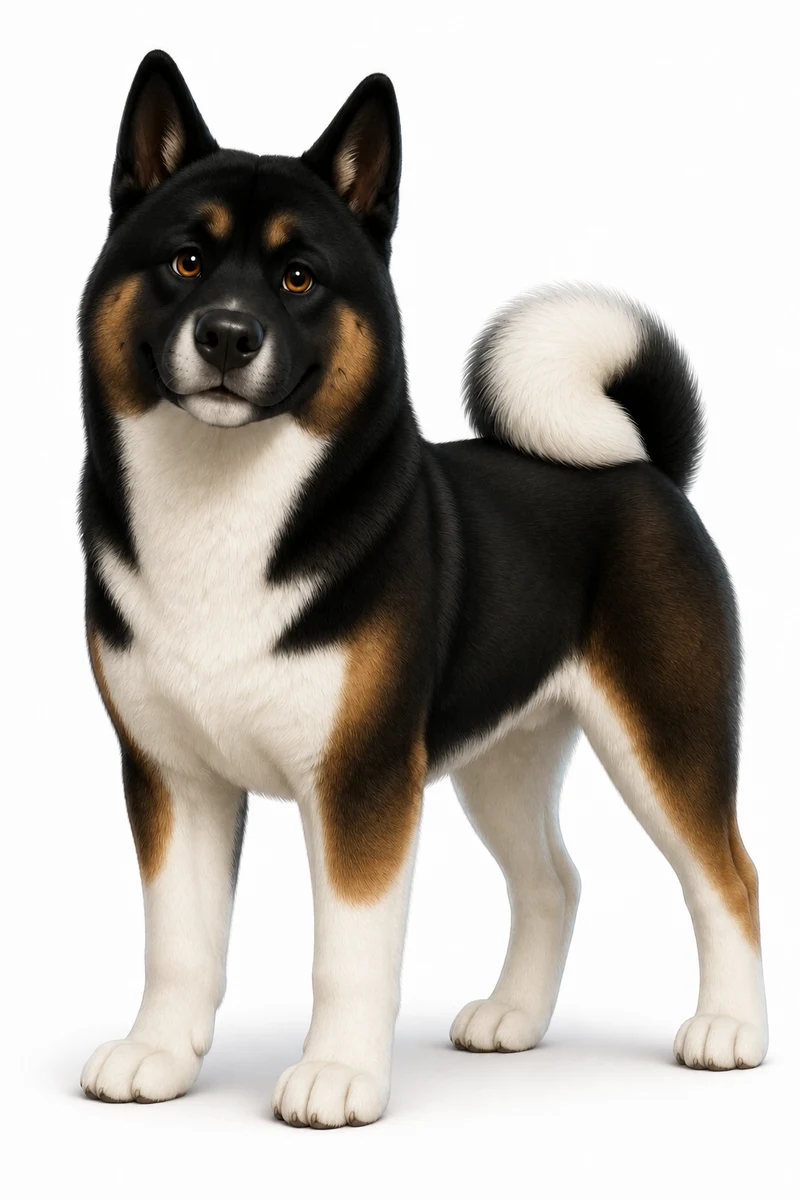 Neeko, the guardian, a black, tan and white Akita standing alert