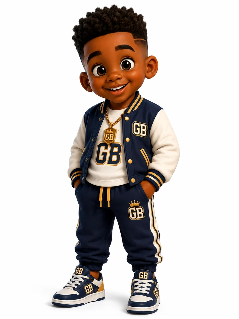 Kingston, the artist, in a navy and cream GB varsity jacket