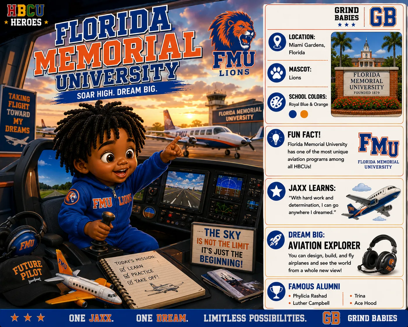 Florida Memorial University HBCU Heroes character card with Jaxx in aviation gear
