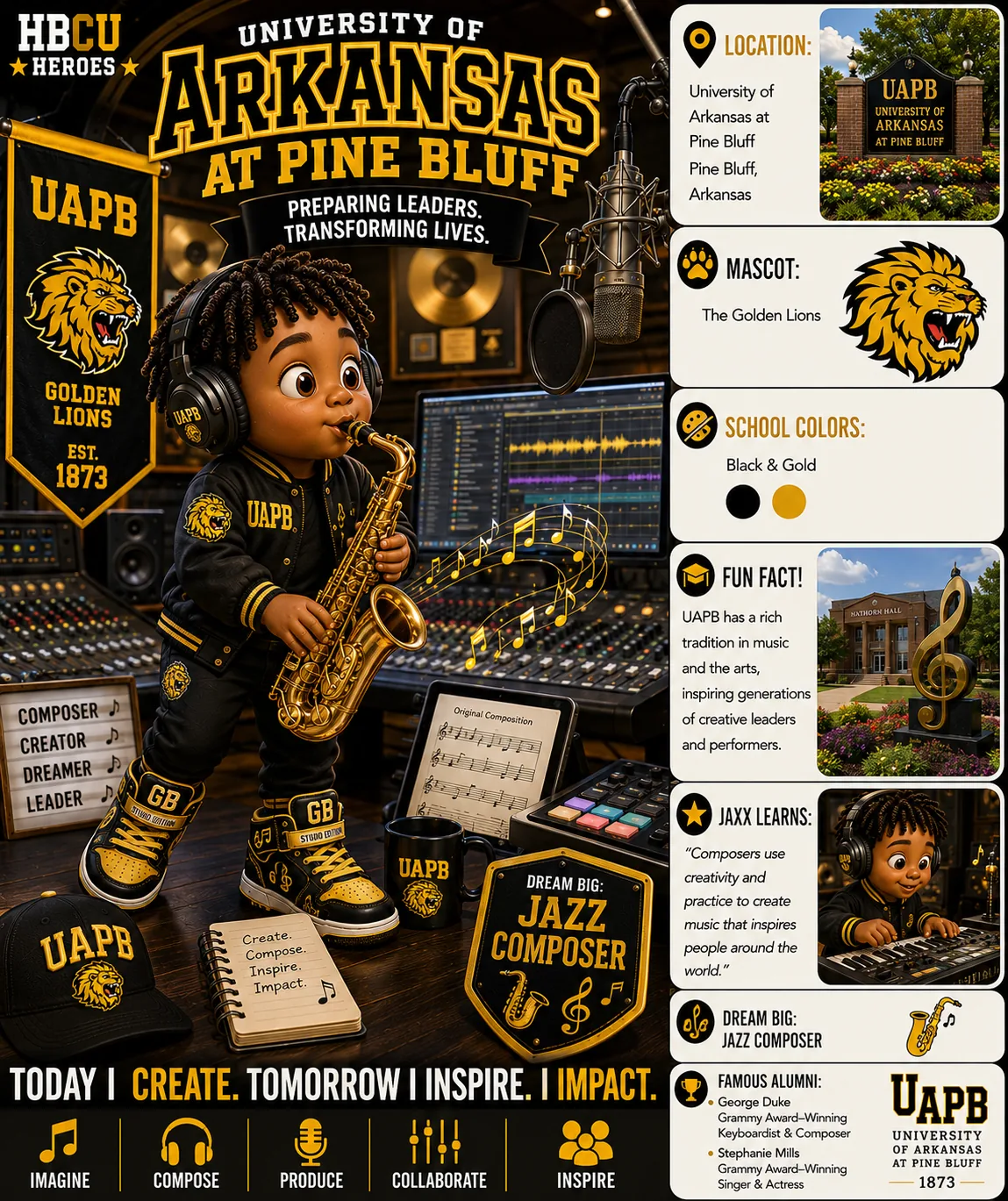 University of Arkansas at Pine Bluff HBCU Heroes character card with Jaxx as a future aquaculture scientist