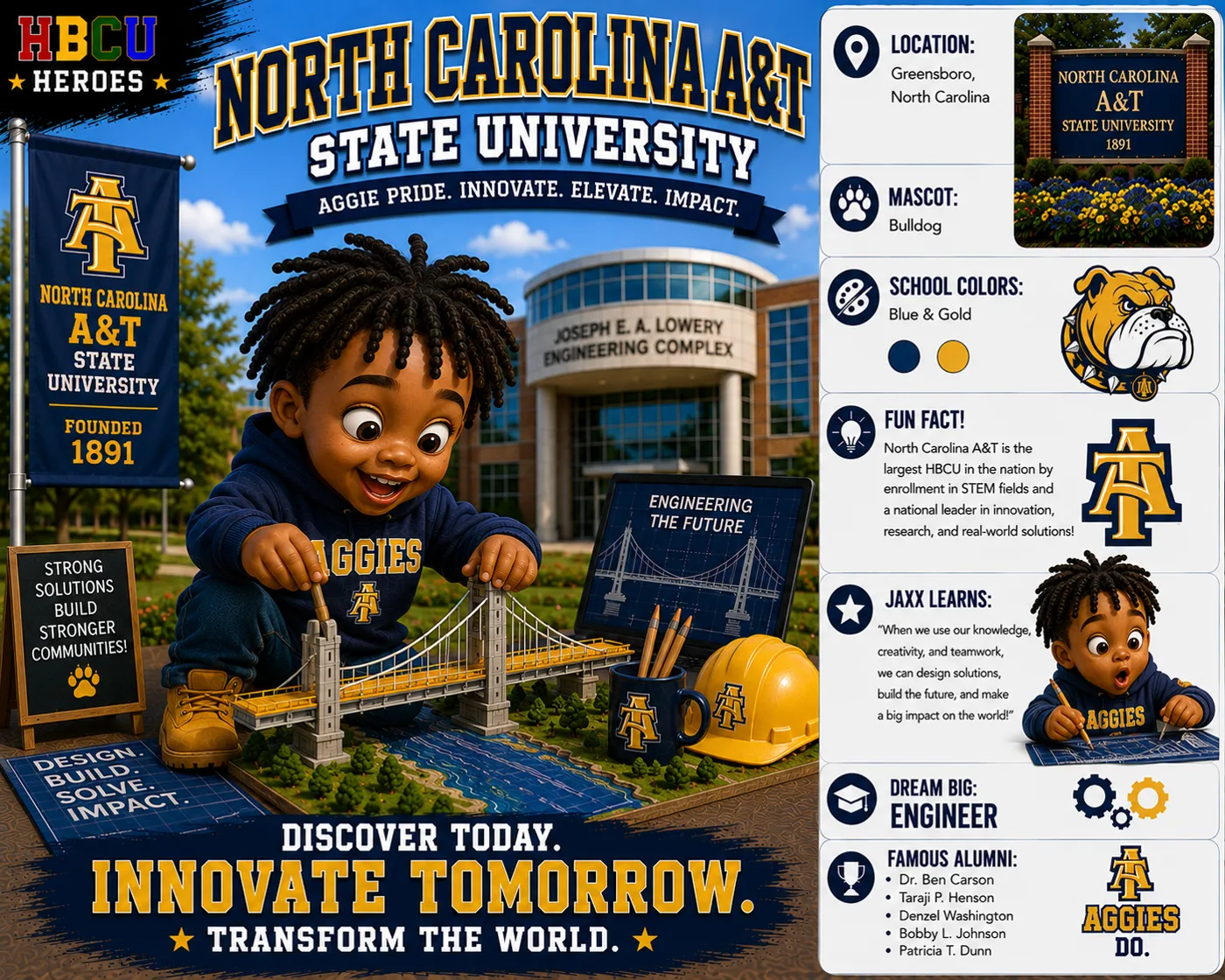 North Carolina A&T State University HBCU Heroes character card with Jaxx building a bridge model