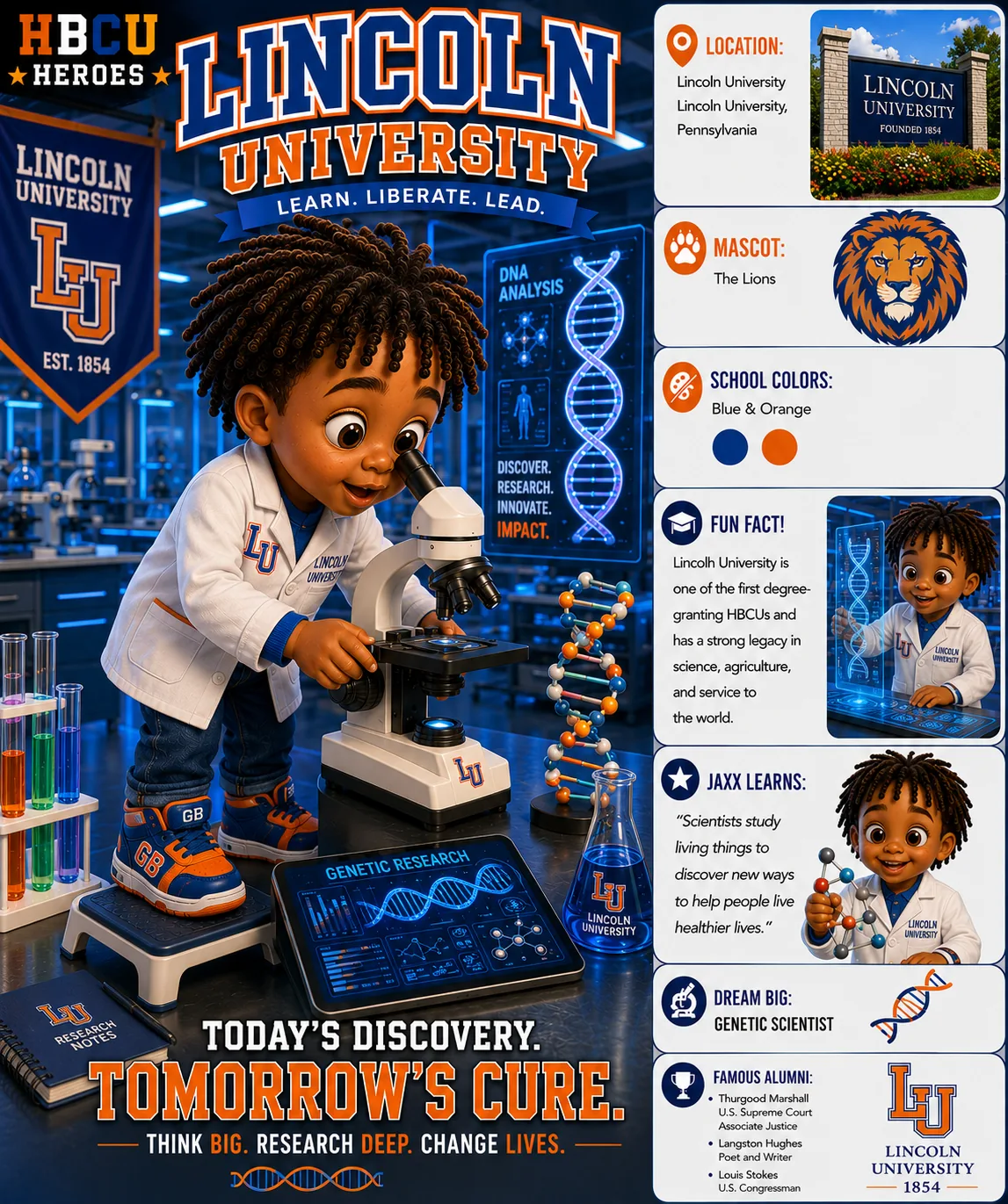 Lincoln University HBCU Heroes character card with Jaxx as a future professor