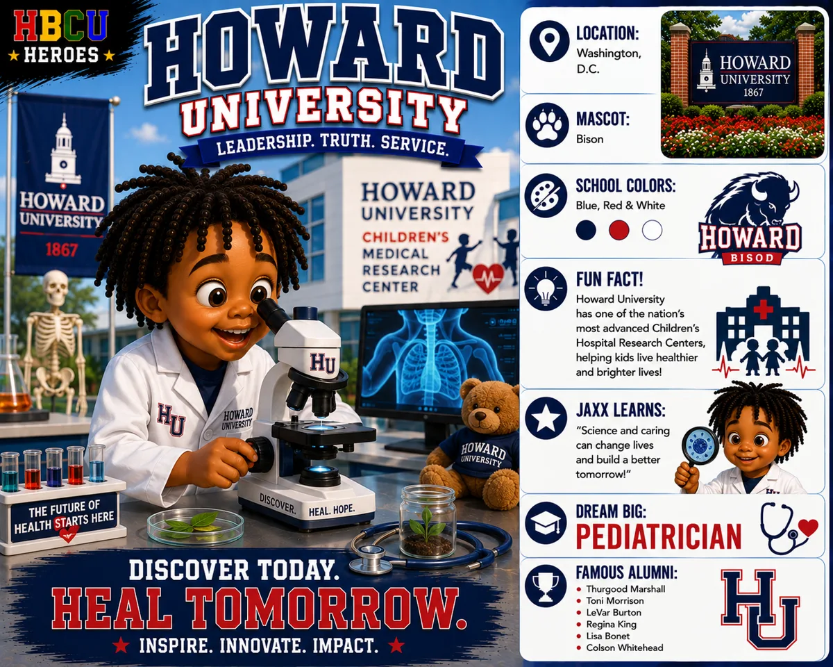 Howard University HBCU Heroes character card with Jaxx as a future pediatrician