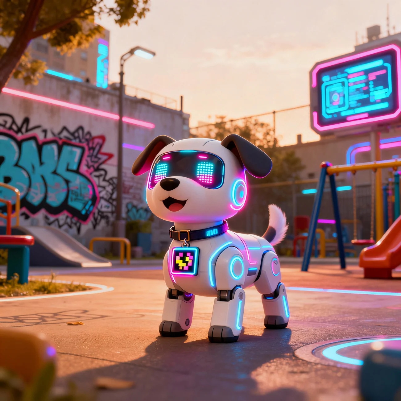 A glowing robotic GB pup on a neighborhood playground at dusk