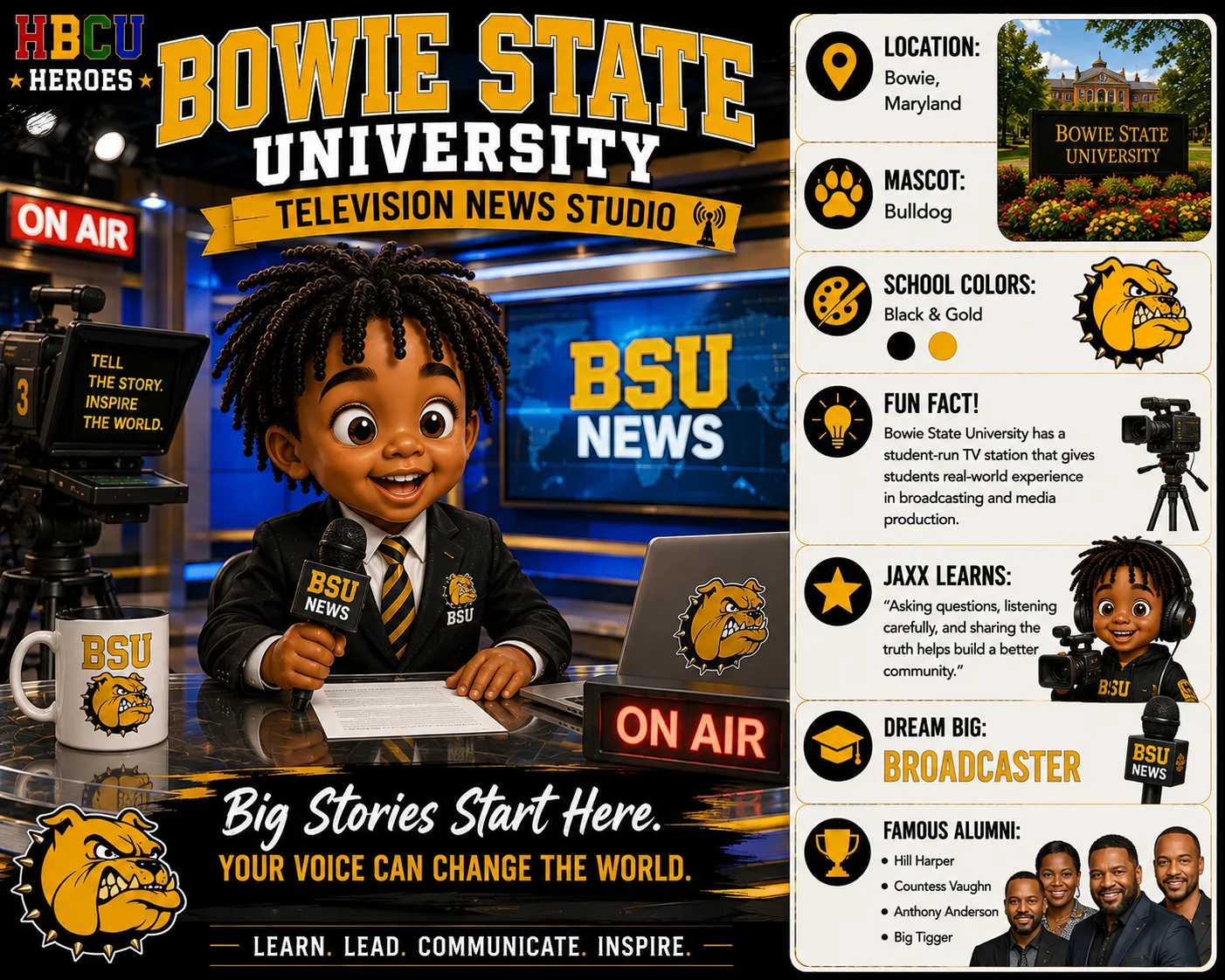 Bowie State University HBCU Heroes character card with Jaxx behind a broadcast desk