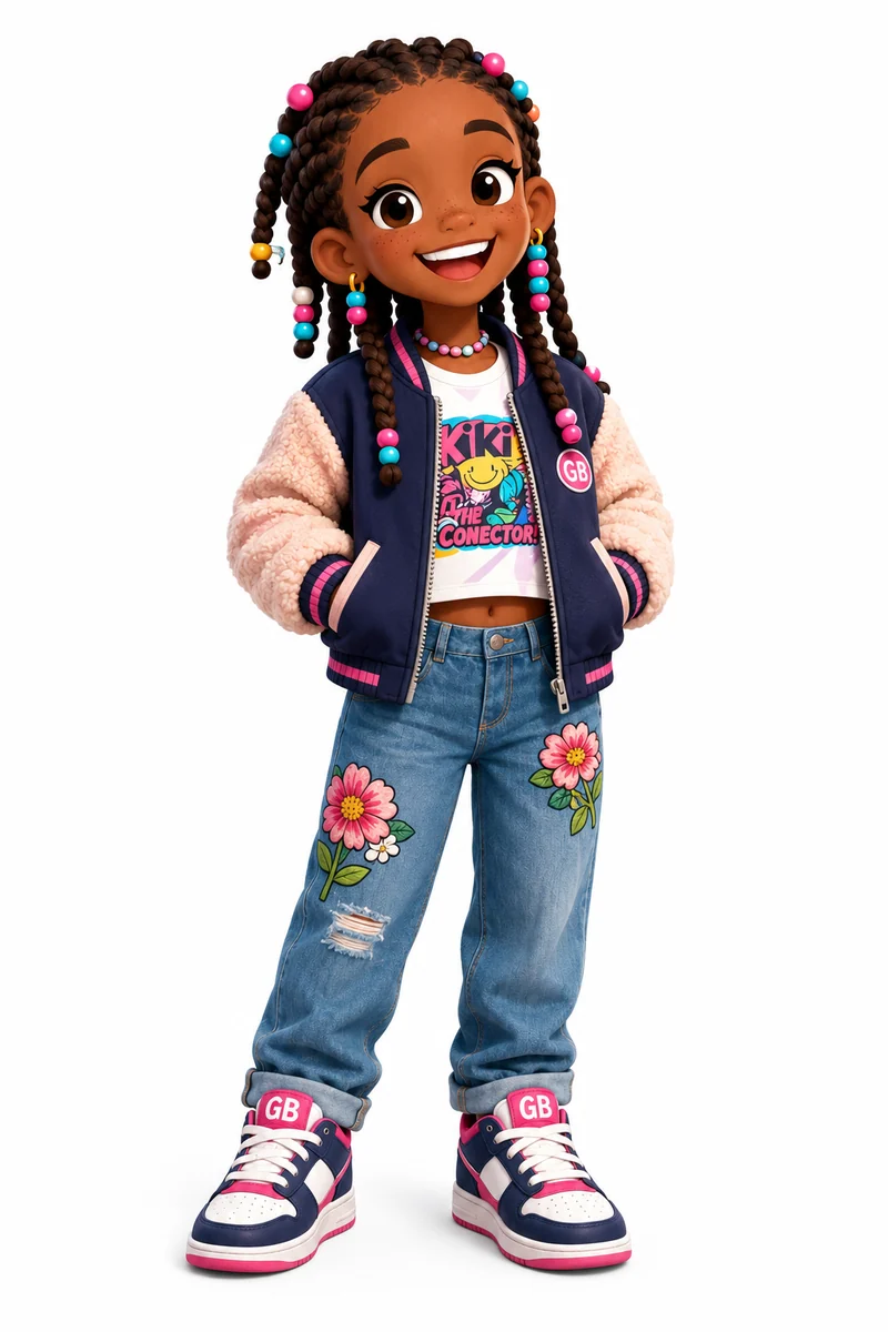 Lolo, the dancer, in a GB varsity jacket with beaded braids