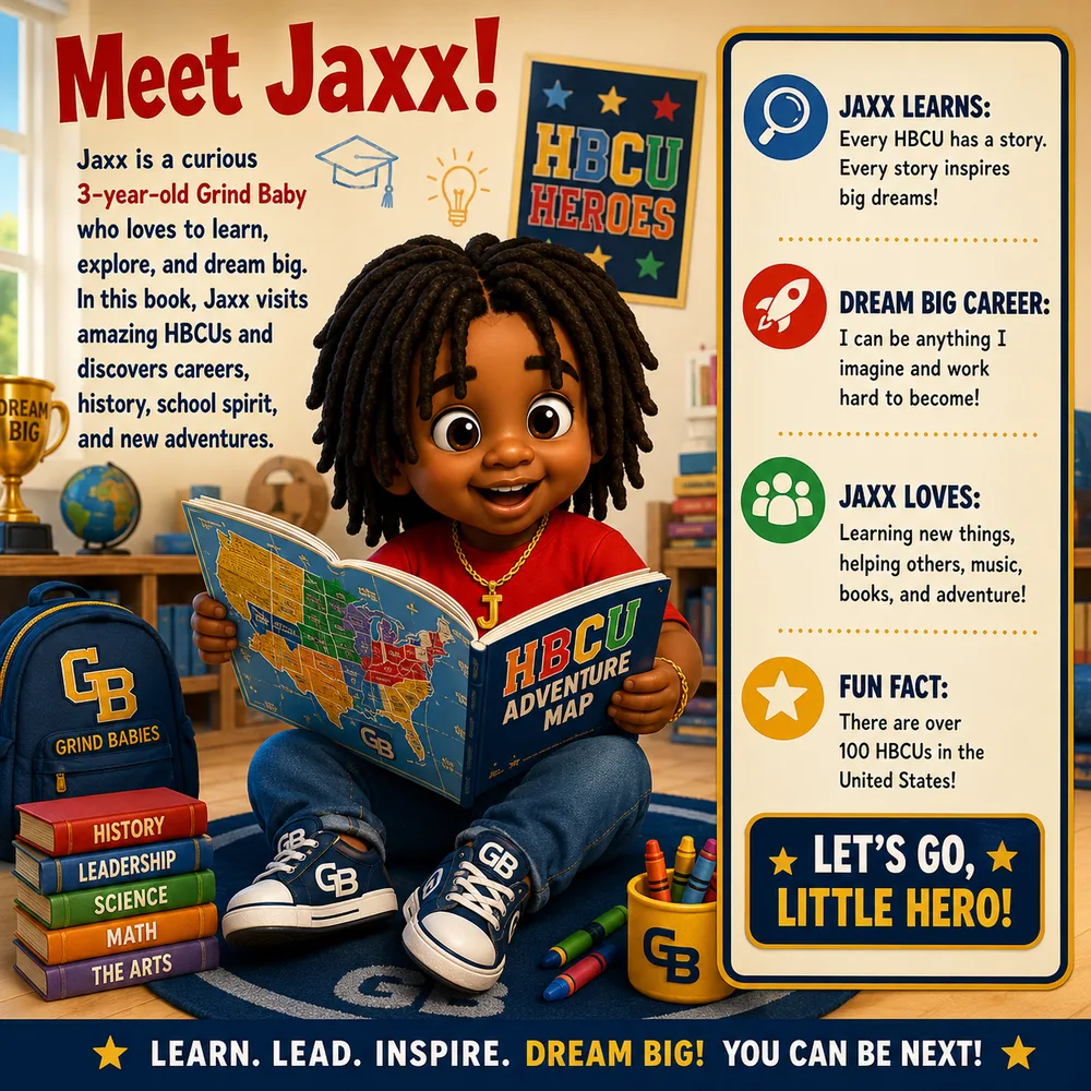 Meet Jaxx introduction card from the Grind Babies HBCU Heroes series