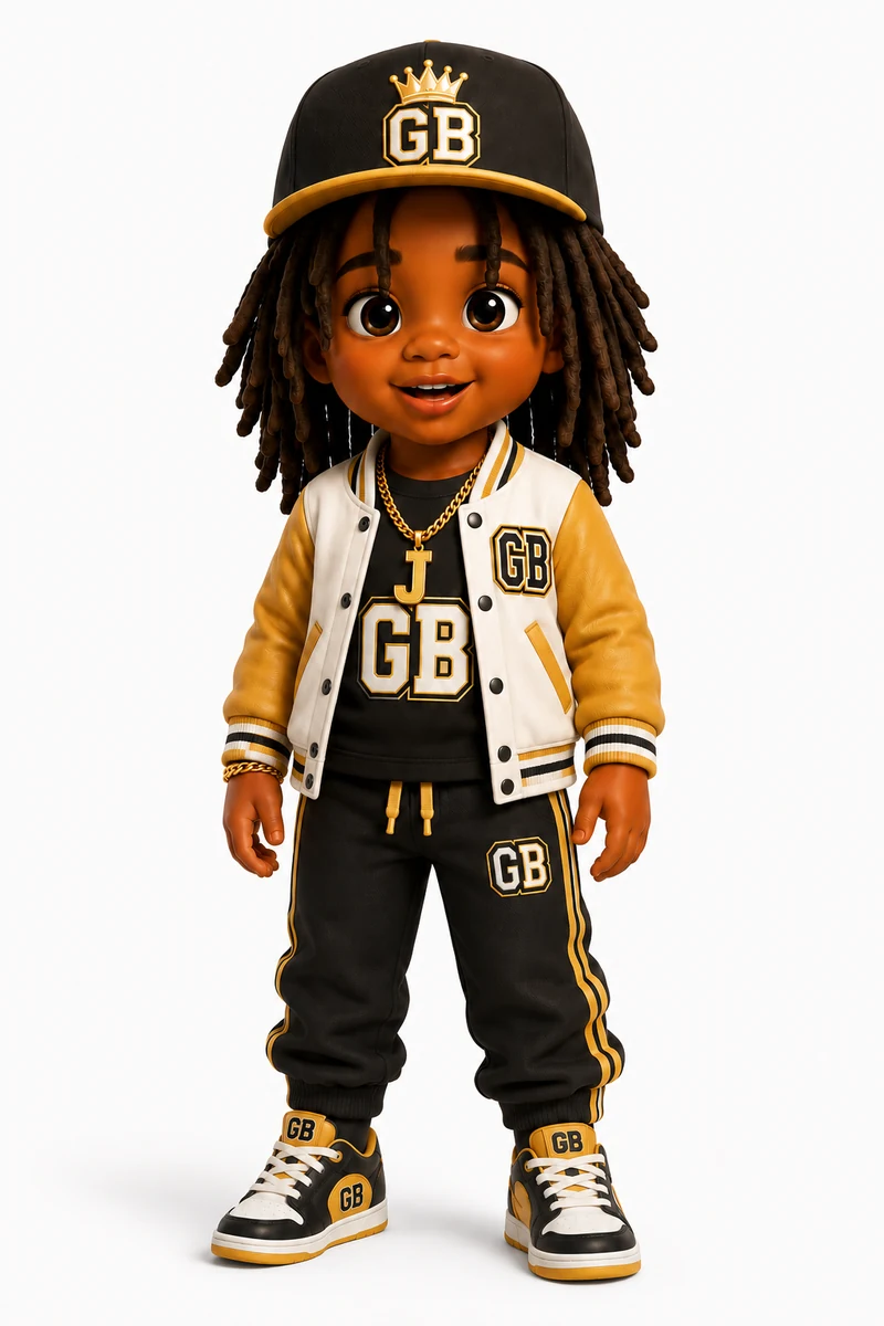 Jaxx, the leader, in a cream and gold GB varsity jacket, GB cap and gold J chain