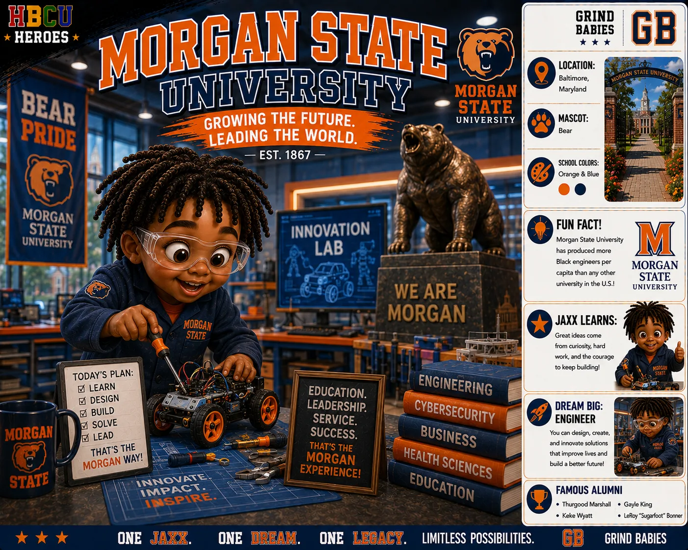 Morgan State University HBCU Heroes character card with Jaxx designing a building
