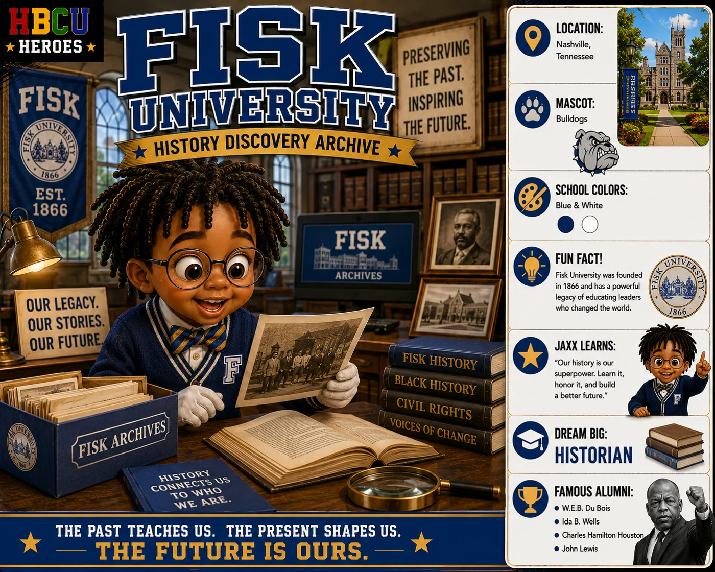 Fisk University HBCU Heroes character card with Jaxx exploring a history archive