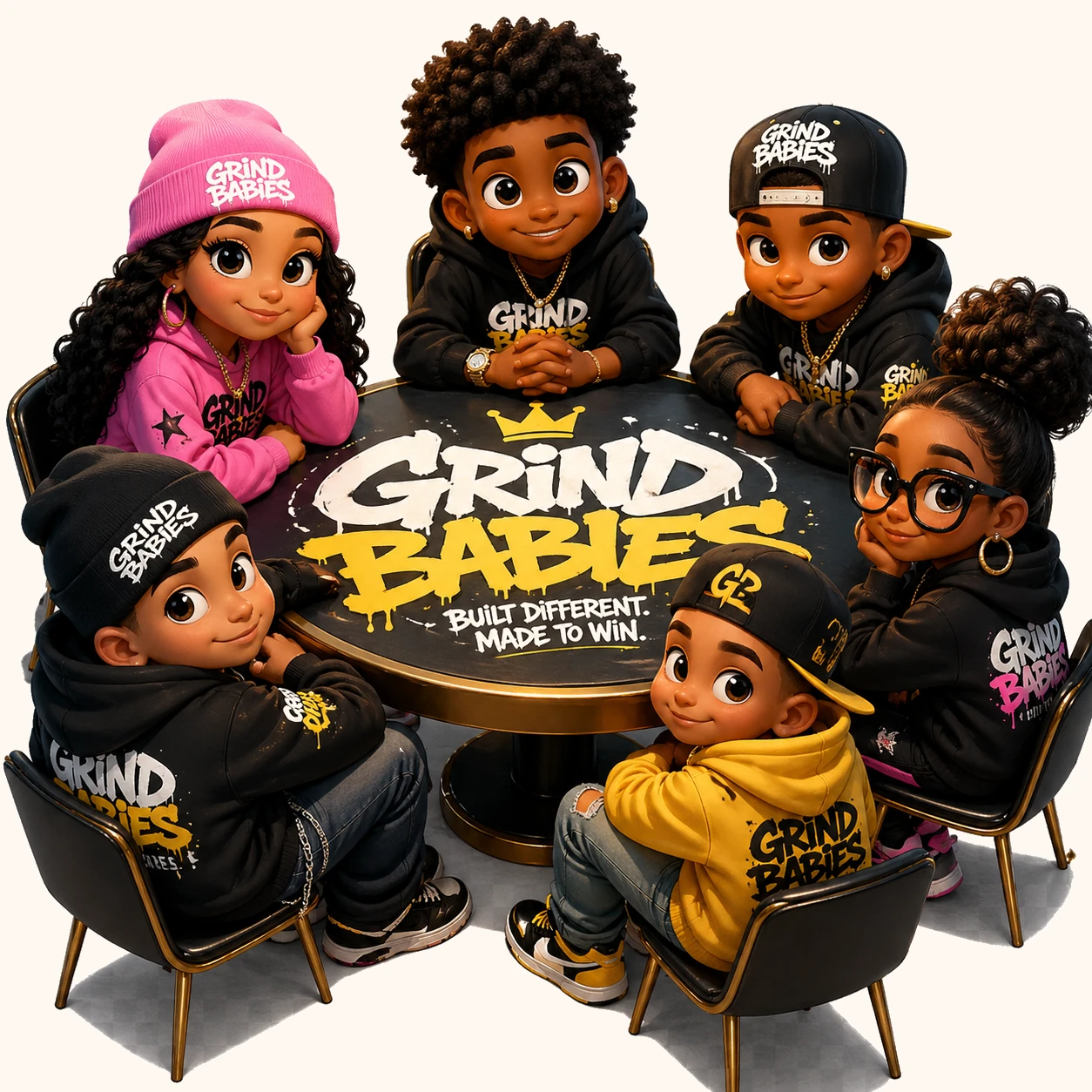 The Grind Babies crew in a circle cutout
