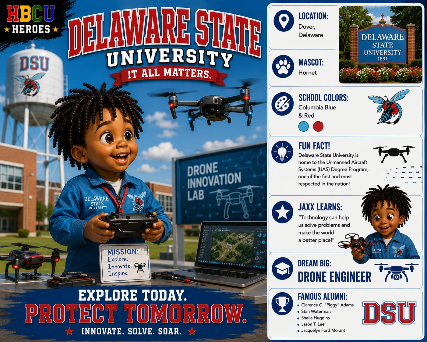 Delaware State University HBCU Heroes character card with Jaxx flying a drone