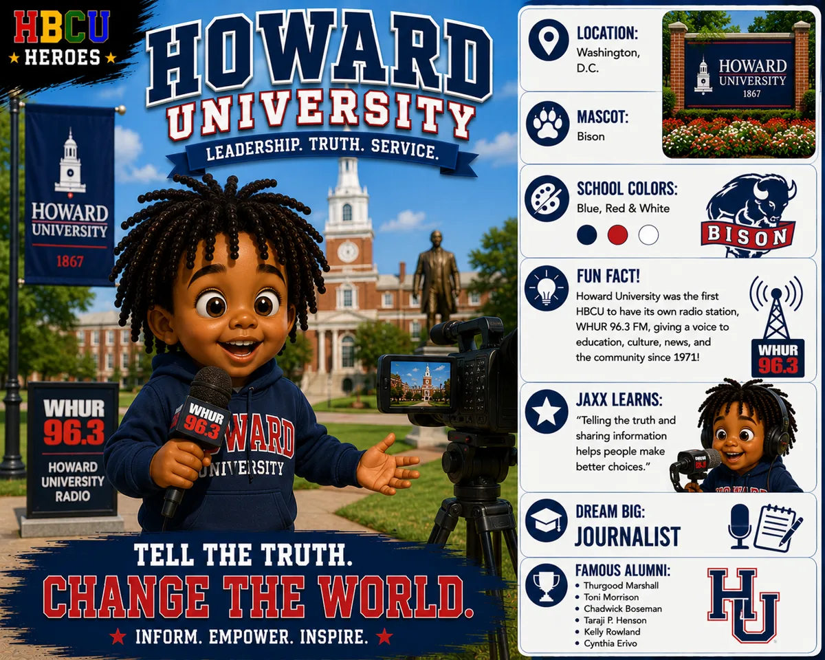 Howard University HBCU Heroes character card with Jaxx as a future journalist