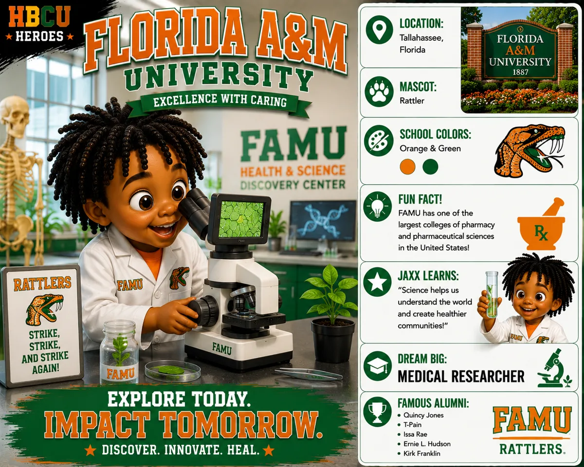 Florida A&M University HBCU Heroes character card with Jaxx as a future research scientist