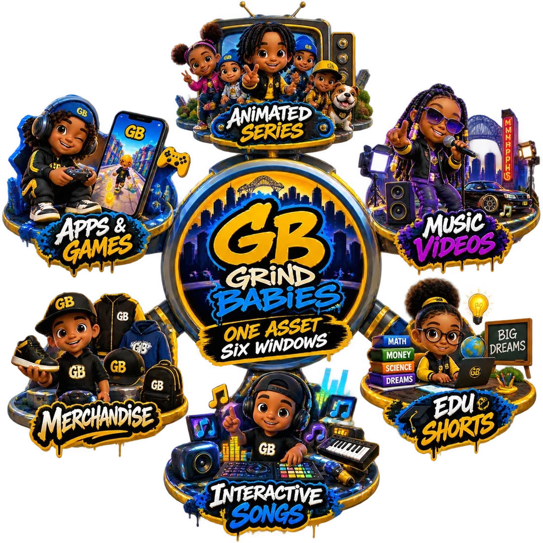 The Grind Babies ecosystem: animated series, music videos, apps and games, merchandise, education shorts and interactive songs