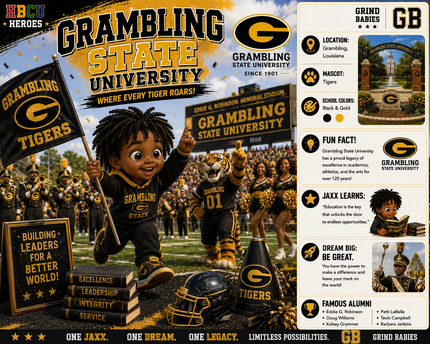 Grambling State University HBCU Heroes character card with Jaxx