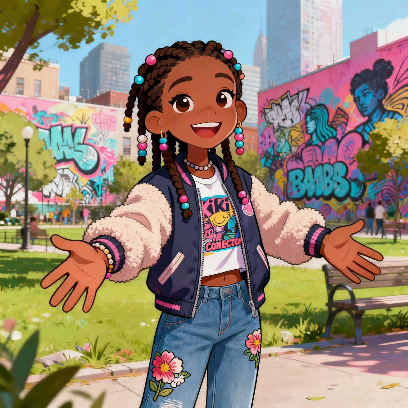 A Grind Babies character in front of a Memphis mural in a neighborhood park