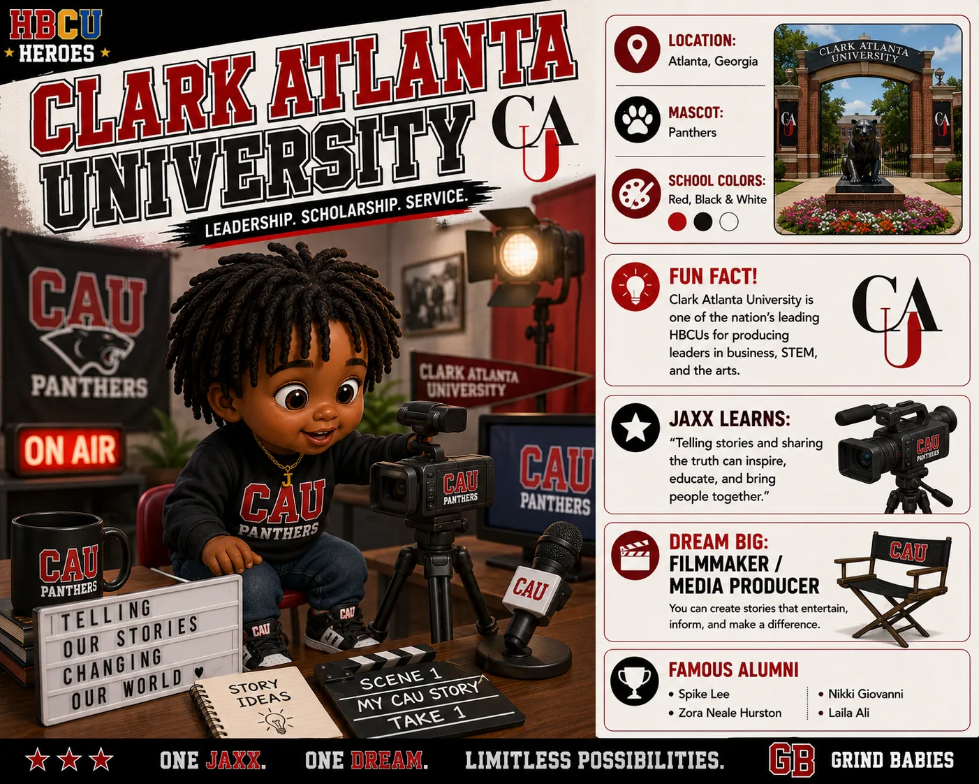 Clark Atlanta University HBCU Heroes character card with Jaxx as a future filmmaker