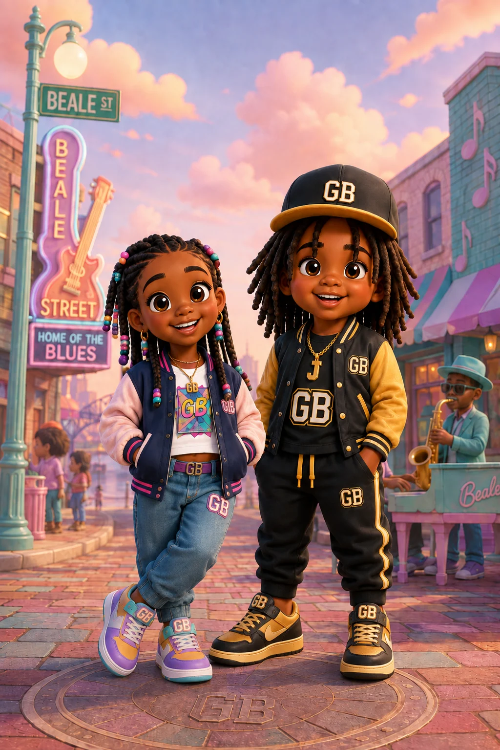 Two Grind Babies characters standing together on Beale Street in Memphis