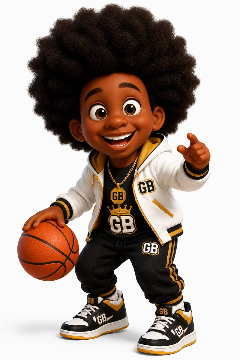 A Grind Babies character in a GB jacket holding a basketball
