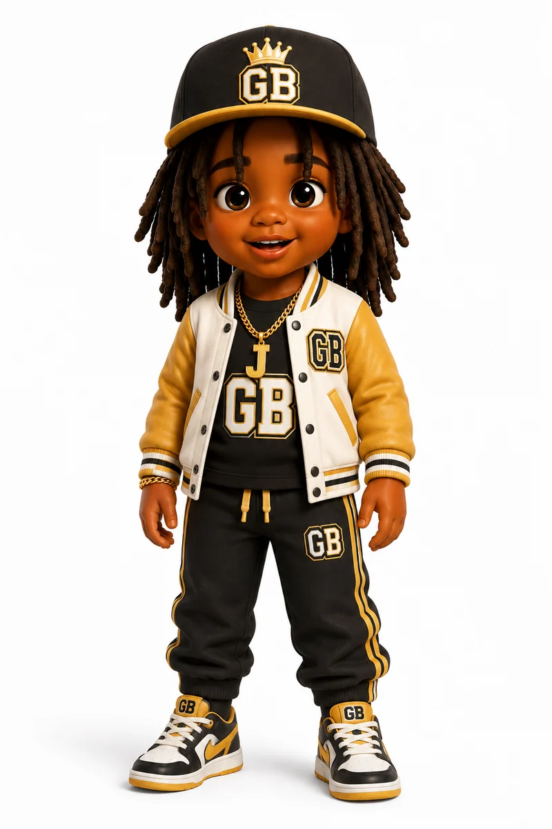 Jaxx, the leader, in a black and gold GB varsity jacket and GB cap