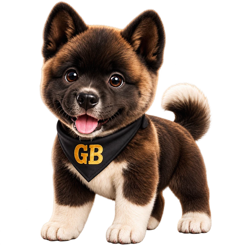 Neeko, the guardian, a brown, tan and white Akita puppy wearing a black GB bandana