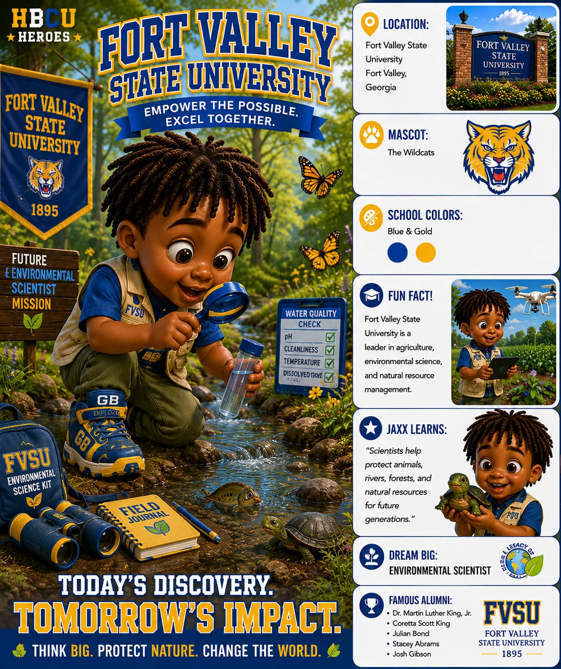Fort Valley State University HBCU Heroes character card with Jaxx as a future agriculture innovator