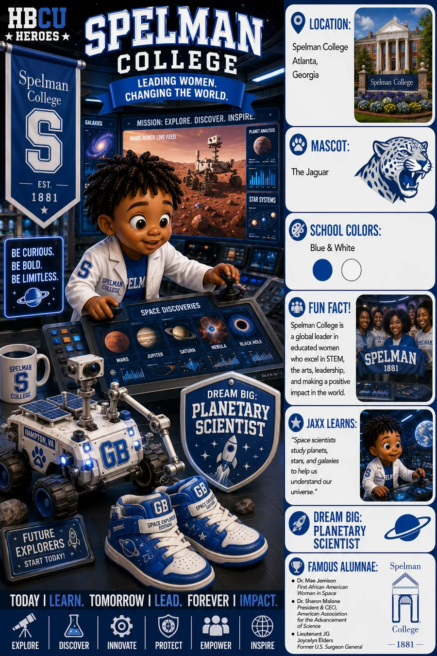 Spelman College HBCU Heroes character card with Jaxx