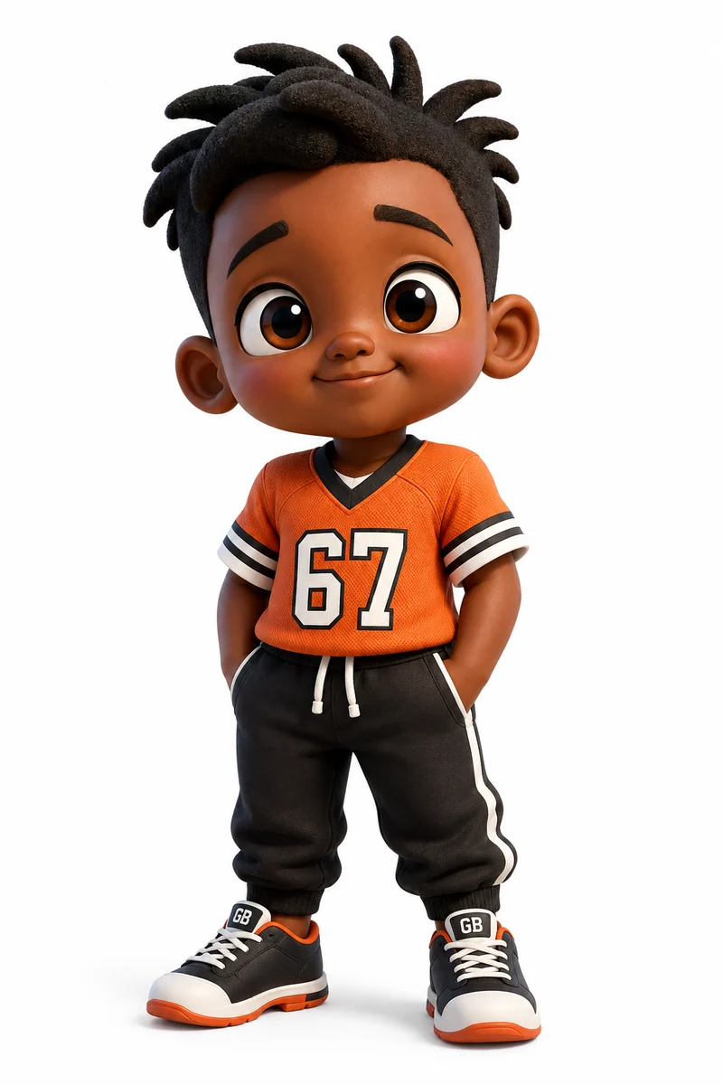 Chuckie, the athlete, in an orange number 67 jersey