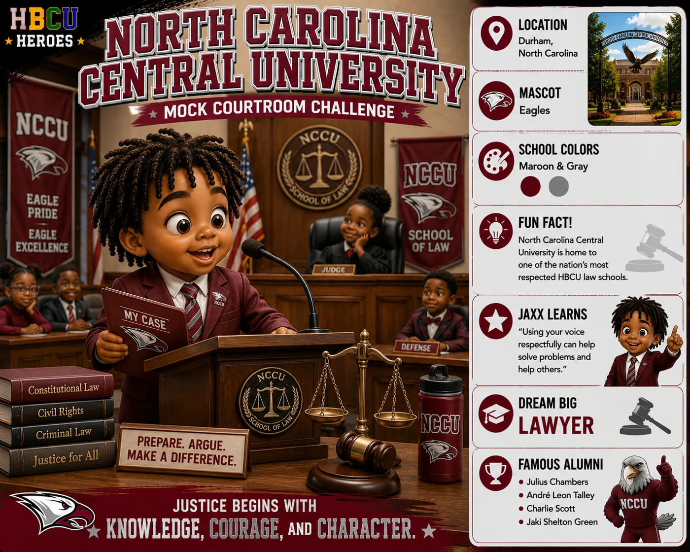 North Carolina Central University HBCU Heroes character card with Jaxx in a mock courtroom