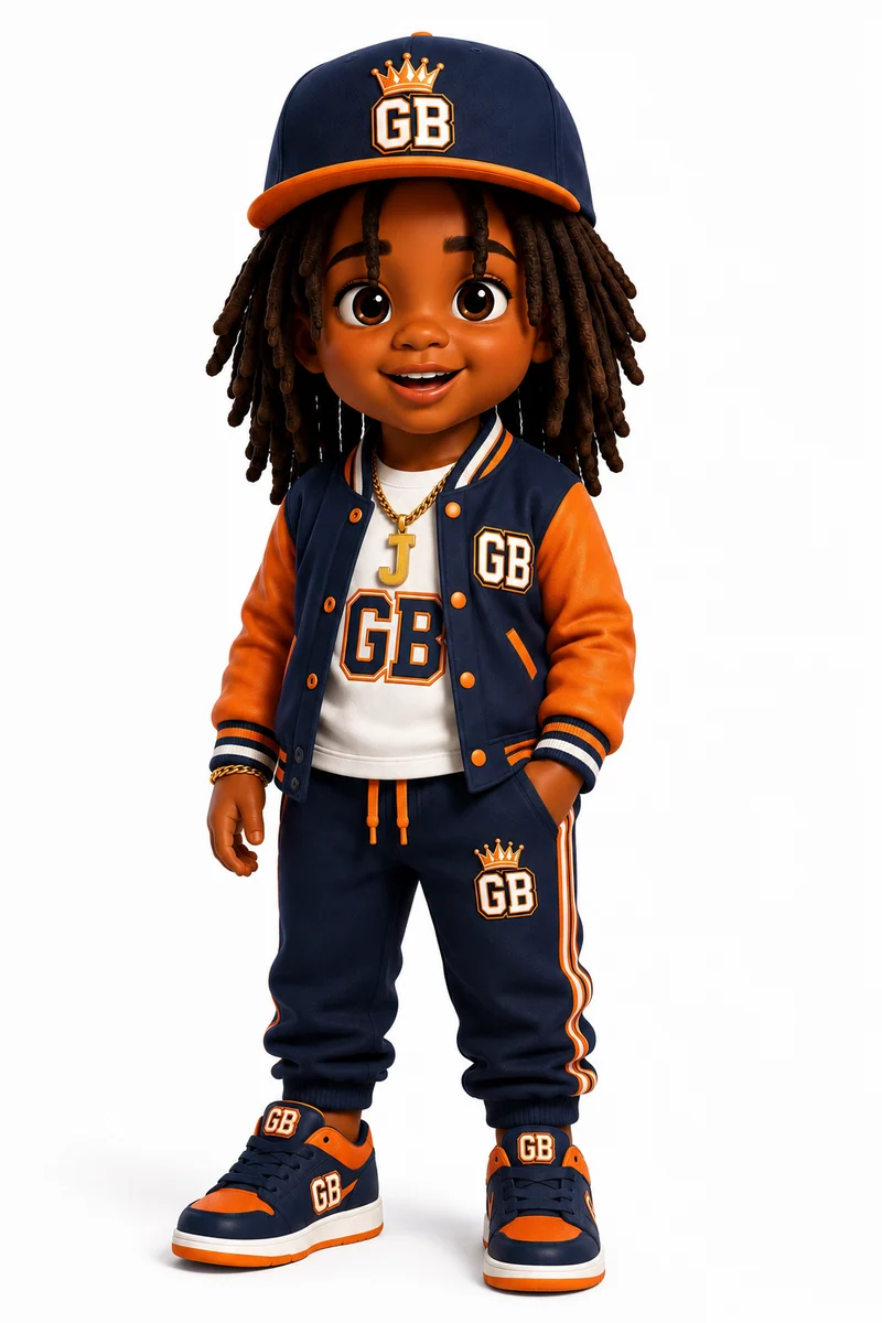 A Grind Babies character in a navy and orange GB varsity set and GB cap