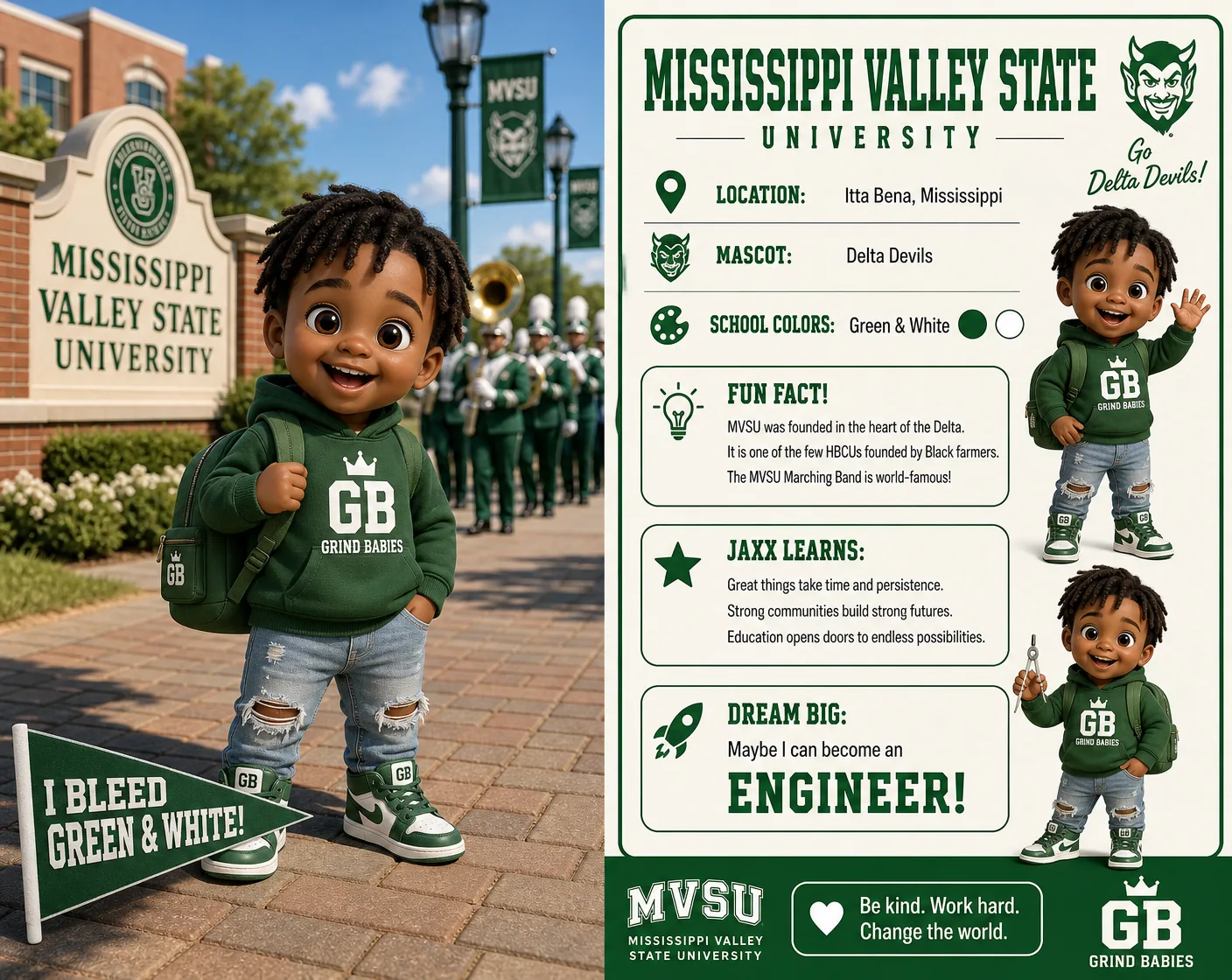 Mississippi Valley State University HBCU Heroes character card with Jaxx as a future engineer