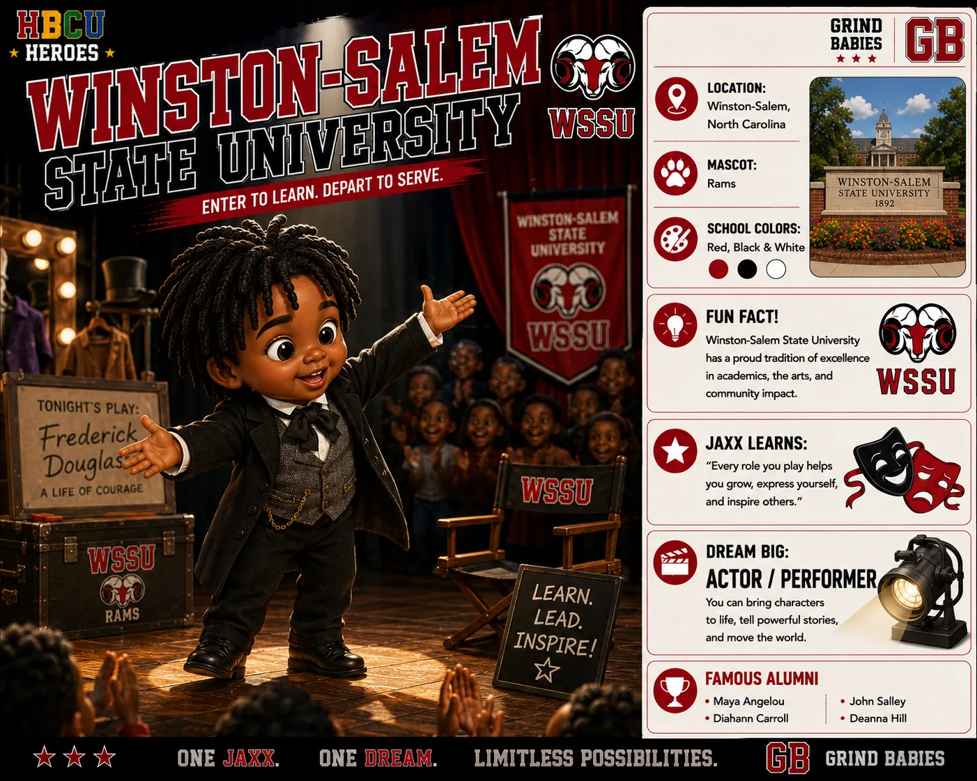 Winston-Salem State University HBCU Heroes character card with Jaxx on stage