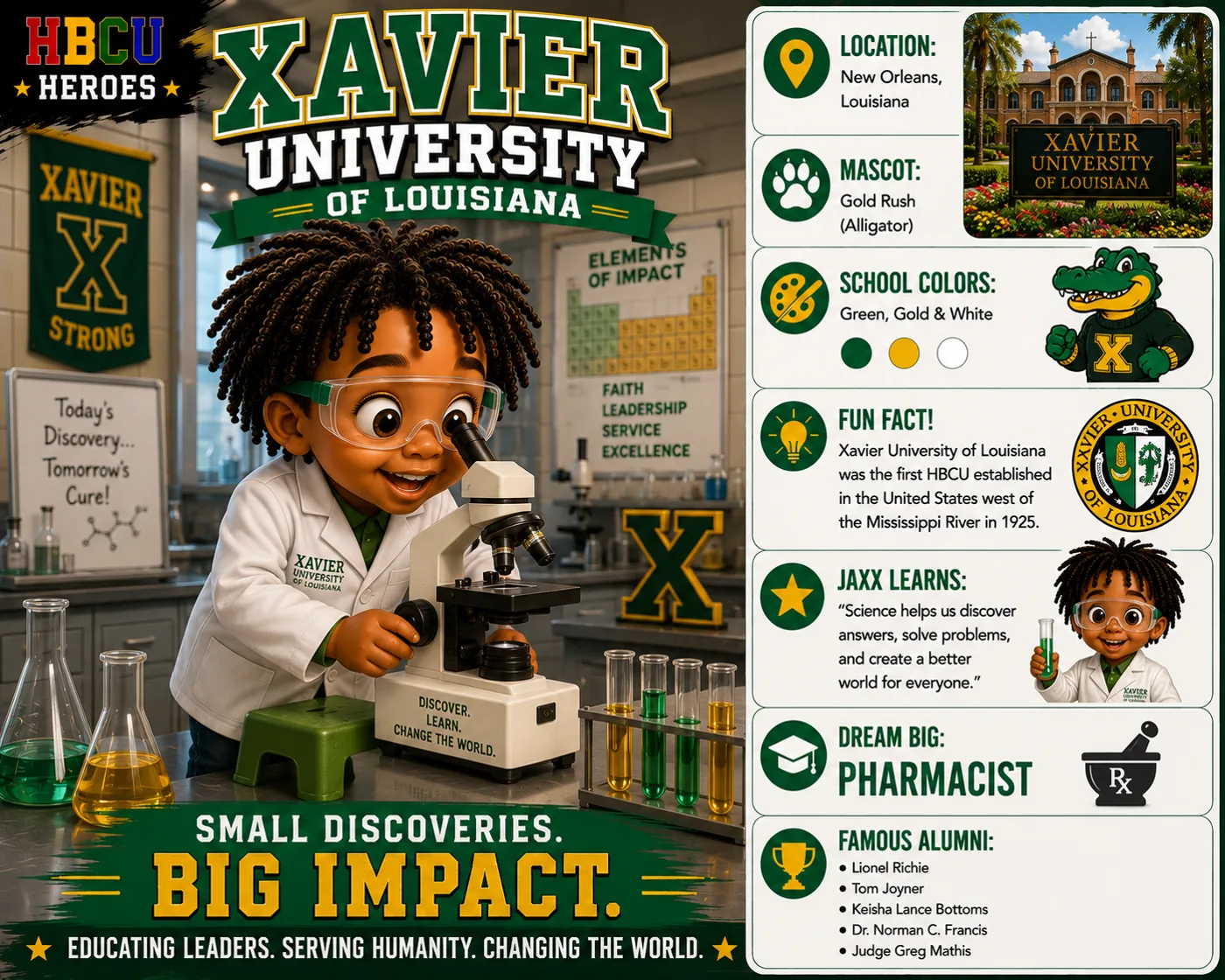 Xavier University of Louisiana HBCU Heroes character card with Jaxx in a lab coat
