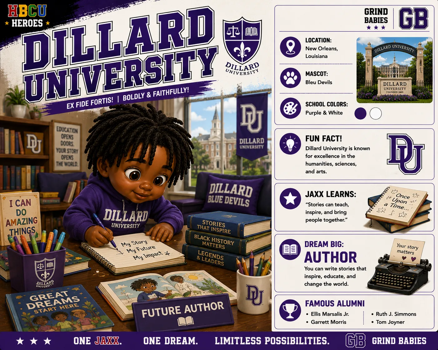 Dillard University HBCU Heroes character card with Jaxx writing a book