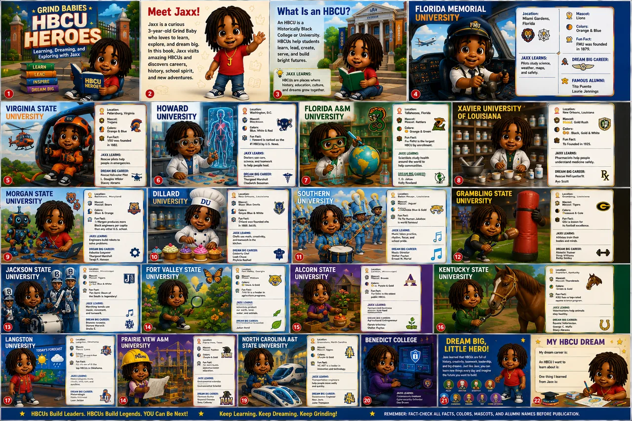 Grid of Grind Babies HBCU Heroes character cards across dozens of universities