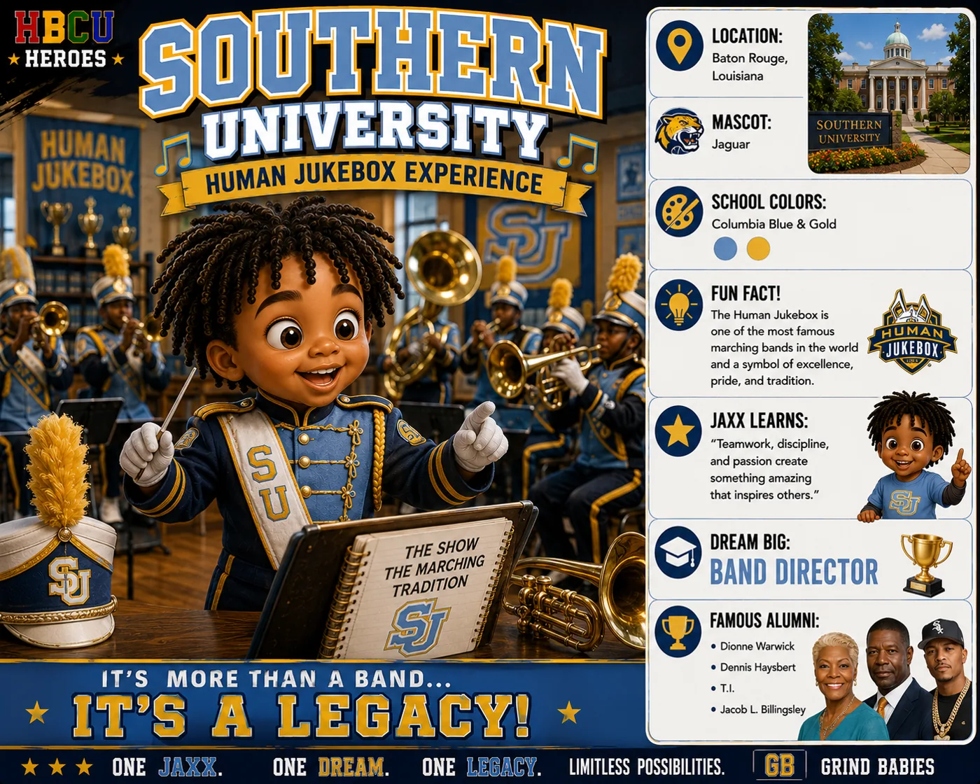 Southern University HBCU Heroes character card with Jaxx leading the marching band