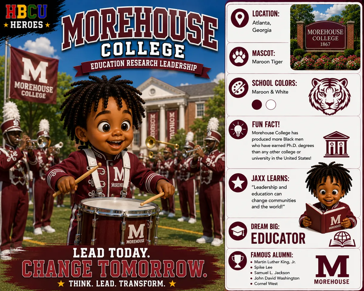 Morehouse College HBCU Heroes character card with Jaxx as a future educator
