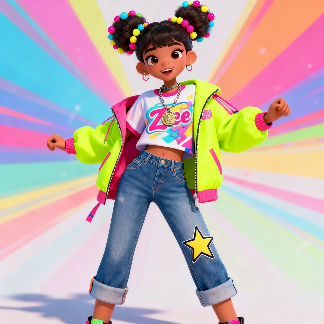 A Grind Babies character posing joyfully against a bright rainbow backdrop