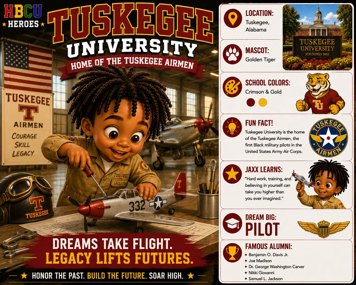 Tuskegee University HBCU Heroes character card with Jaxx building a model airplane