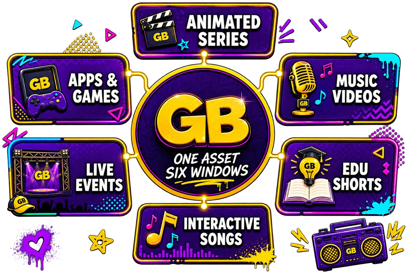 Grind Babies characters across six story windows from the animated universe