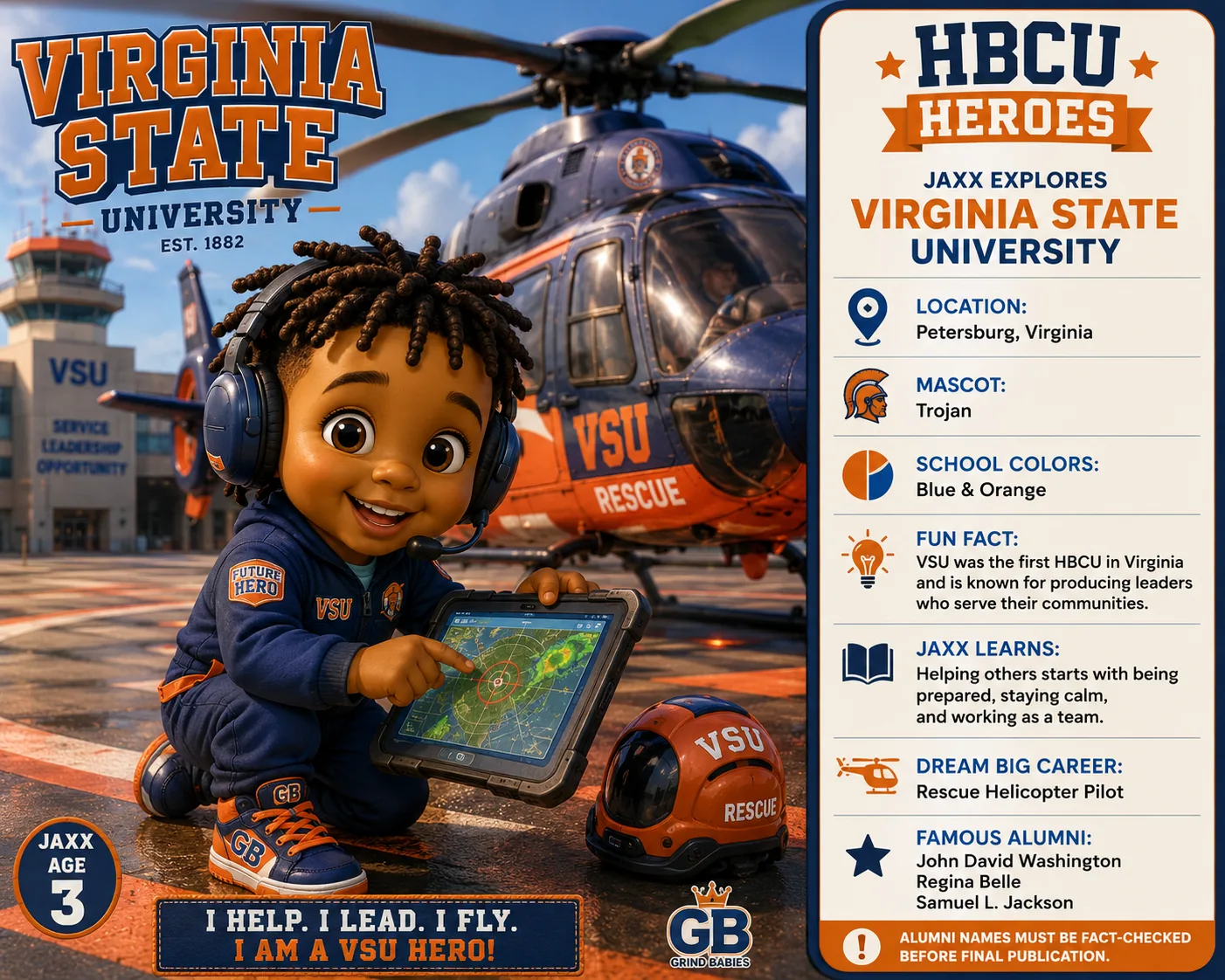 Virginia State University HBCU Heroes character card with Jaxx