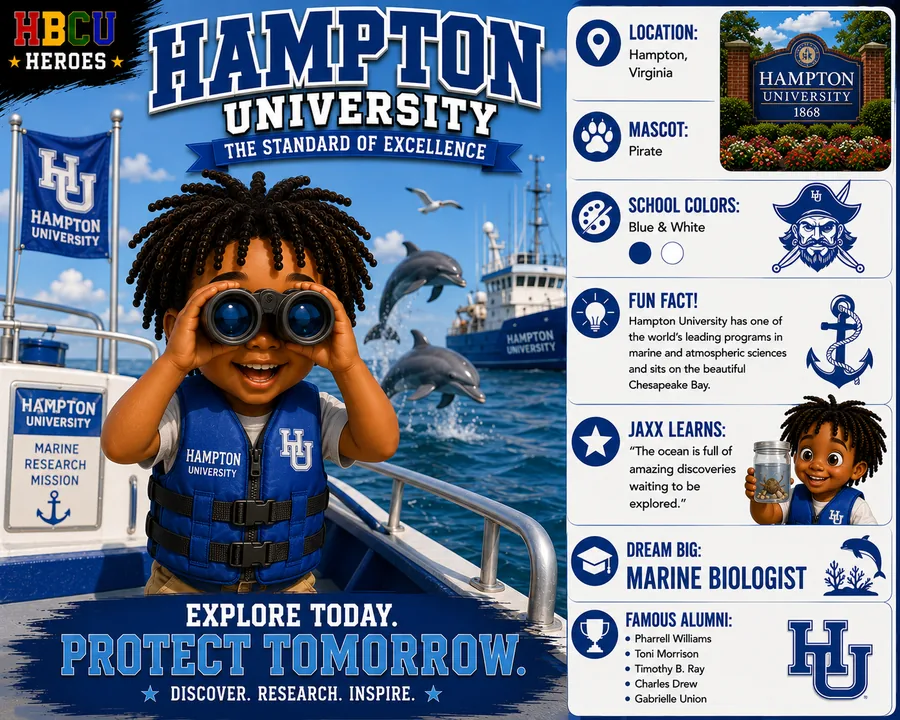 Jaxx as a marine biologist in a Hampton University HBCU Heroes card